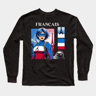 Francais: Female 90's Comic Book Hero with Sloth Cover Long Sleeve T-Shirt